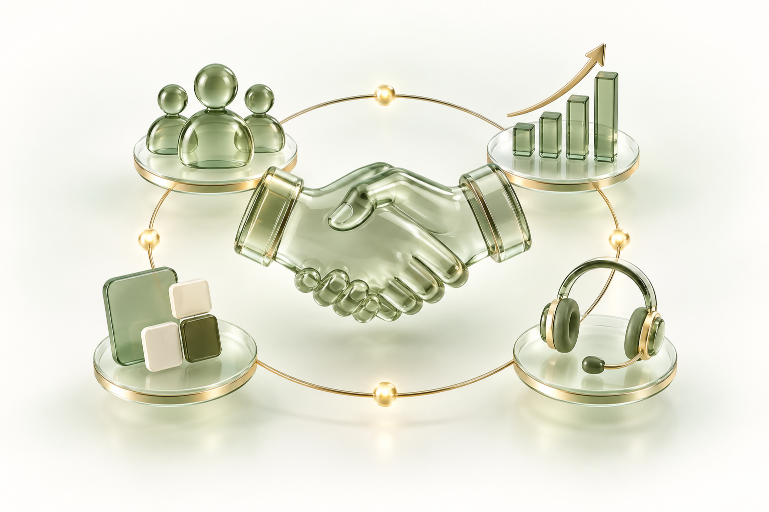 Glass handshake connected to a partner network, analytics, branding and support